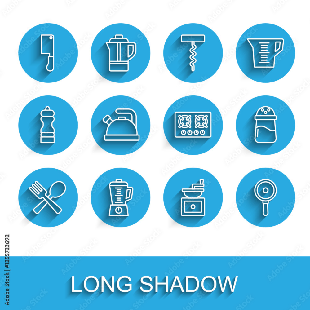 Set line Crossed fork and spoon, Blender, Meat chopper, Manual coffee grinder, Frying pan, Kettle with handle, Salt and Gas stove icon. Vector Set line Crossed fork and spoon, Blender, Meat chopper, Manual coffee grinder, Frying pan, Kettle with handle, Salt and Gas stove icon. Vector
