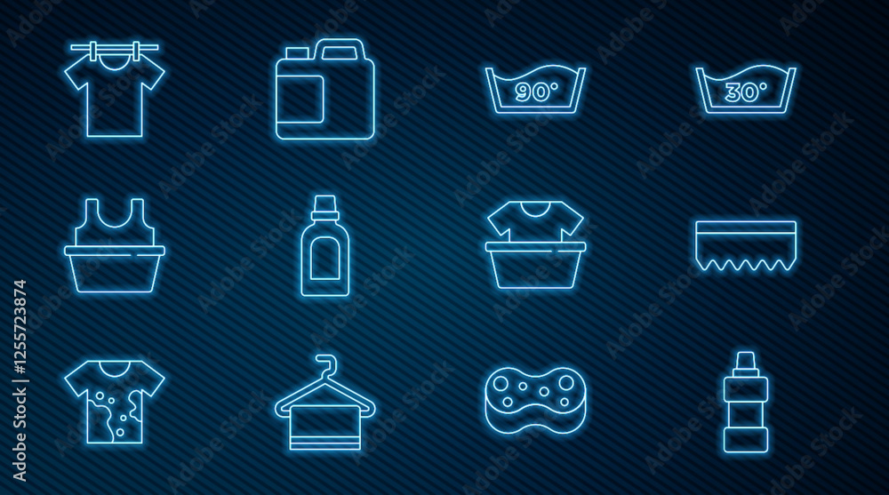 Set line Bottle for cleaning agent, Sponge, Temperature wash, Basin with shirt, Drying clothes, and icon. Vector Set line Bottle for cleaning agent, Sponge, Temperature wash, Basin with shirt, Drying clothes, and icon. Vector