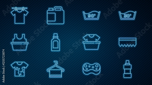 Set line Bottle for cleaning agent, Sponge, Temperature wash, Basin with shirt, Drying clothes, and icon. Vector