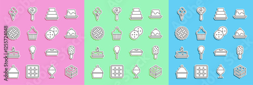 Set line Brownie chocolate cake, Ice cream, Cake, Homemade pie, in waffle cone and Cookie or biscuit icon. Vector