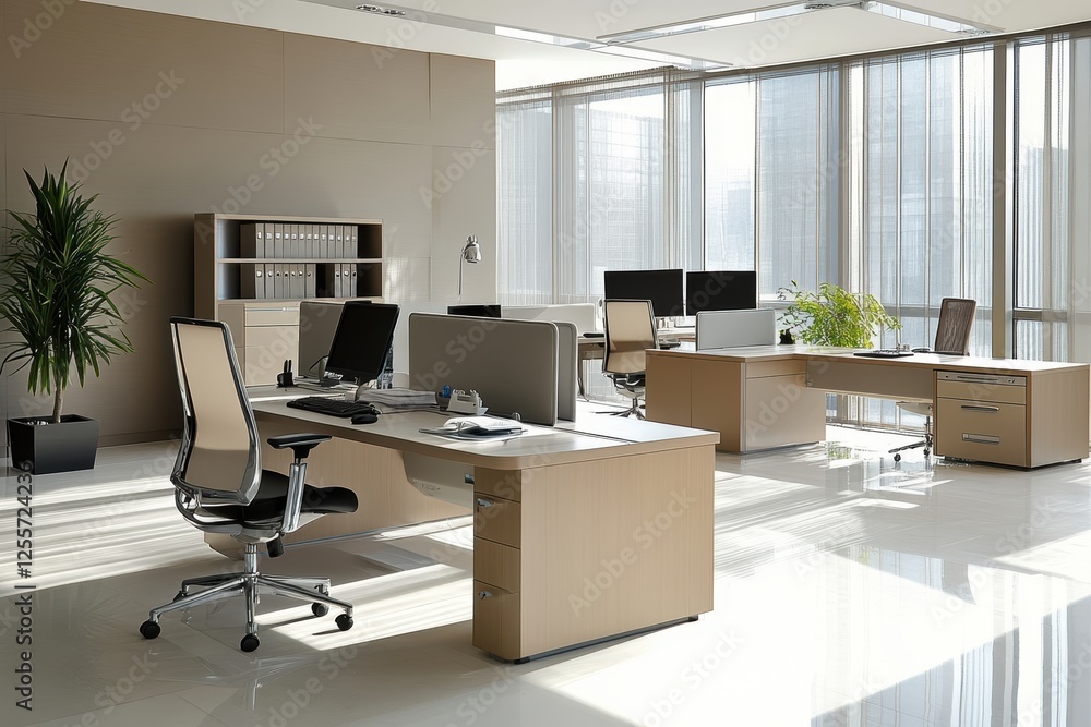 sleek, minimalistic office space with modern furniture, neutral tones, clean lines, open layout sleek, minimalistic office space with modern furniture, neutral tones, clean lines, open layout