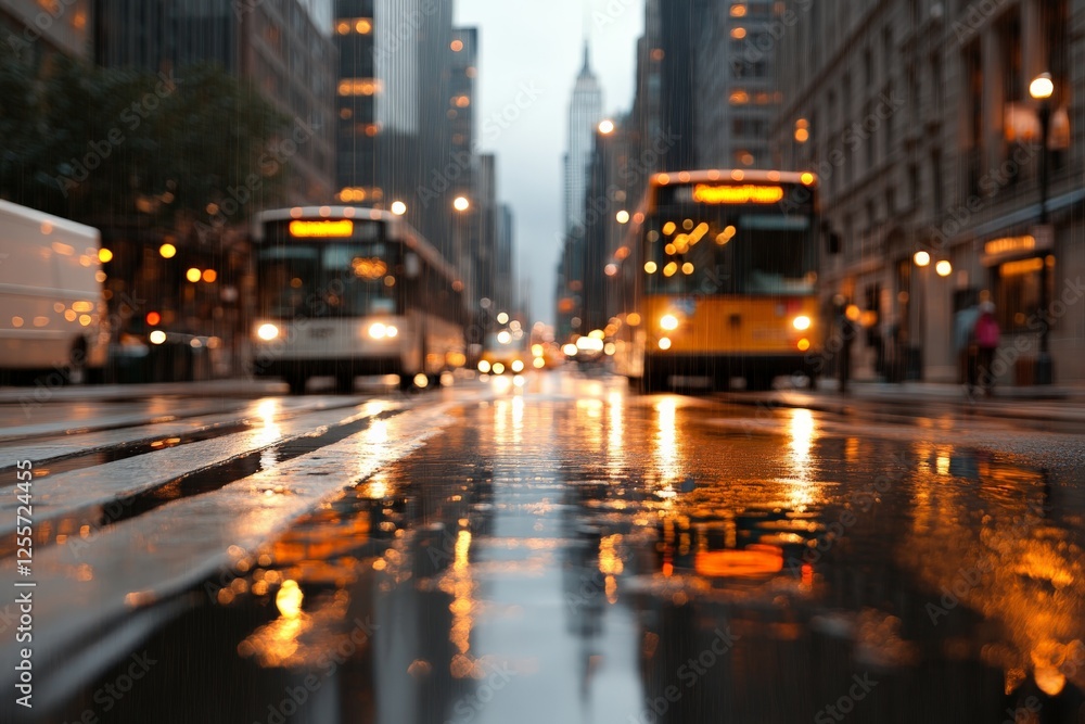 Rainy city street with city buses and reflections in New York at dusk Rainy city street with city buses and reflections in New York at dusk