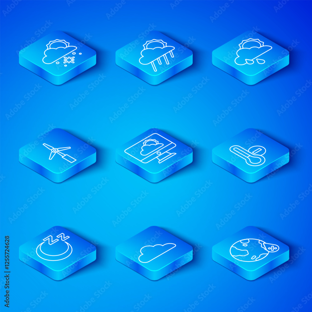 Set line Time to sleep, Weather forecast, Cloud, Meteorology thermometer, with rain and sun, Wind turbine, snow and Water drop percentage icon. Vector Set line Time to sleep, Weather forecast, Cloud, Meteorology thermometer, with rain and sun, Wind turbine, snow and Water drop percentage icon. Vector