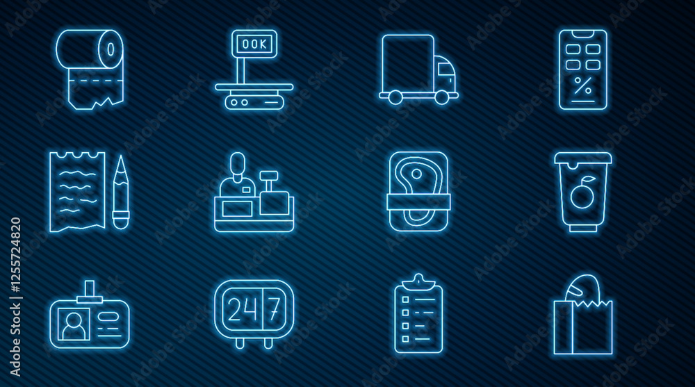 Set line Paper bag with bread loaf, Delivery cargo truck, Cashier at cash register, Shopping list and pencil, Toilet paper roll, Meat packaging steak and Electronic scales icon. Vector Set line Paper bag with bread loaf, Delivery cargo truck, Cashier at cash register, Shopping list and pencil, Toilet paper roll, Meat packaging steak and Electronic scales icon. Vector