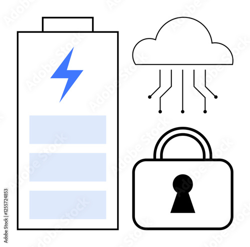 Battery with energy symbols, cloud connected by lines, and lock. Ideal for secure storage, energy management, data protection, cloud computing, IoT security, power conservation network security