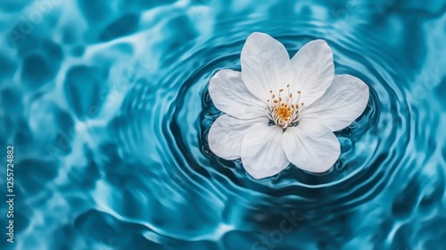 Delicate white blossom floats gently on rippling dark teal water, creating a serene and peaceful visual, smooth ripples spread from the center of the