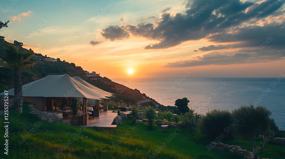 Sunset on the sea. Luxury resort on the beach. Sunset on the sea. Luxury resort on the beach.
