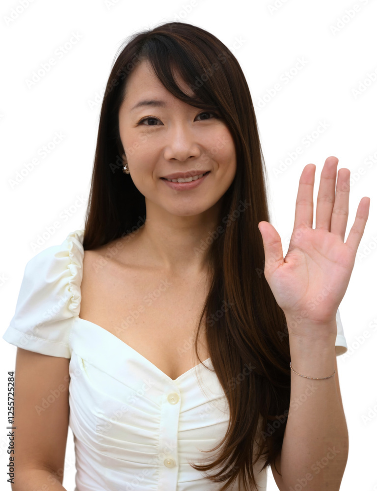 A smiling Asian woman with shoulder-length hair, wearing a white off-the-shoulder top, waves against a white background. A smiling Asian woman with shoulder-length hair, wearing a white off-the-shoulder top, waves against a white background.