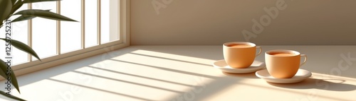 Cozy hotel room with coffee mug on wooden table featuring  warm cappuccino and  relaxing morning atmosphere photo