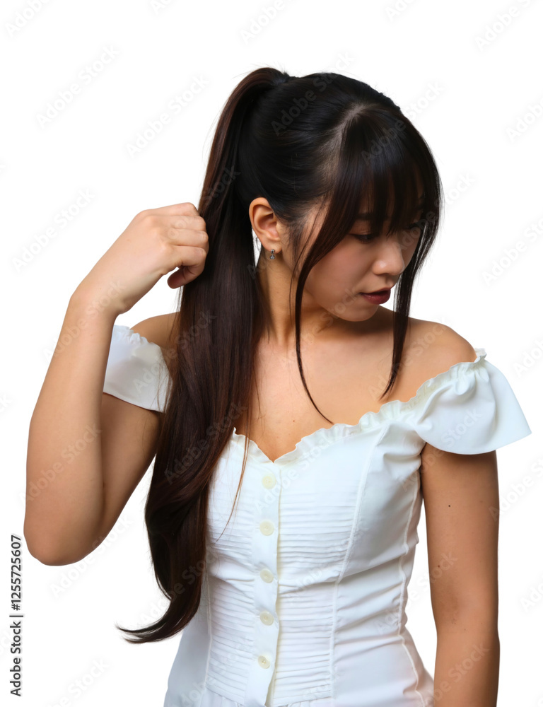 A young woman with long, straight dark hair tied in a ponytail arranging her hair against a plain white background A young woman with long, straight dark hair tied in a ponytail arranging her hair against a plain white background