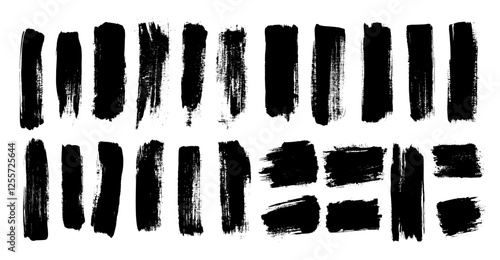 Brush samples black vector collection. Rugged creative streaks coarse textures, worn abstract smudges, lines blurred paint raw splashes techniques, isolated illustrations on white background