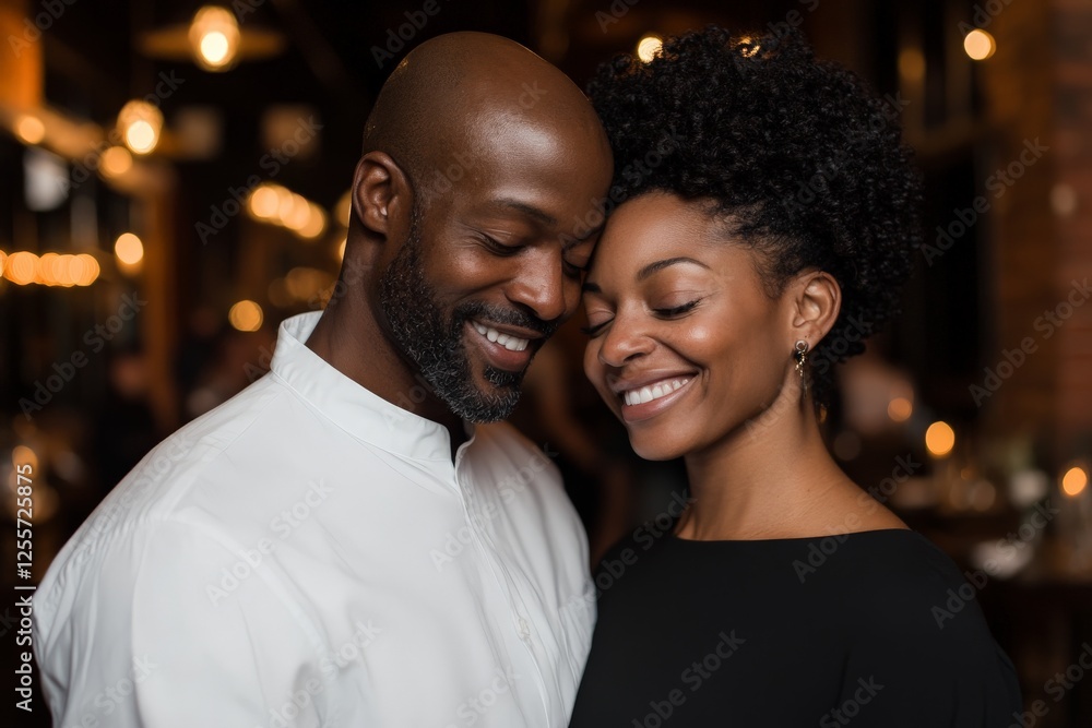 Fototapeta premium Couple enjoying a joyful moment together in a cozy restaurant at night