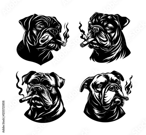 Bulldog dog heads smoking cigar engraving vector set. Smoke haze fog canine pet, tobacco puffing animal character avatars portraits, grayscale black isolated illustrations on white background