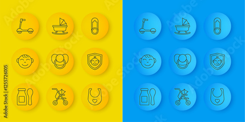 Set line Yogurt in bottle with spoon, Little boy head, Baby dummy pacifier, bib, shield, Roller scooter, clothes pin and stroller icon. Vector