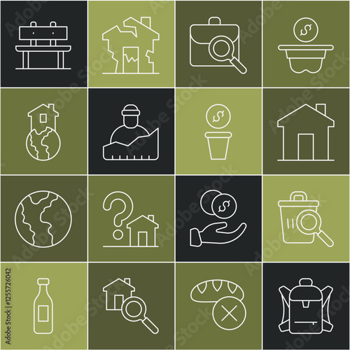 Set line Hiking backpack, Searching for food, Real estate, Work search, Growth of homeless, Shelter, Bench and Donation money icon. Vector