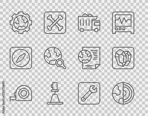 Set line Roulette construction, Earth core structure crust, Mining dump truck, Tacheometer, theodolite, Gear wheels and earth, Magnifying glass with globe, Wrench spanner and Gem stone icon. Vector