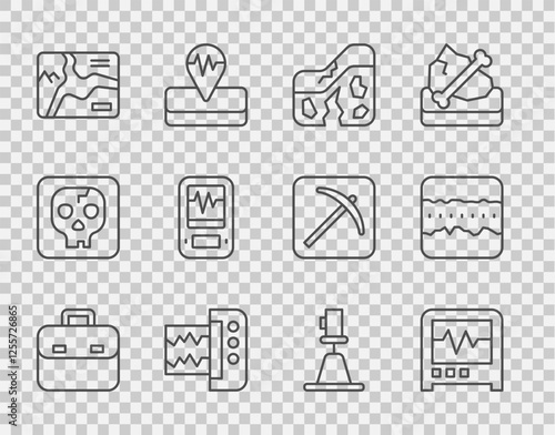 Set line Briefcase, Seismograph, Geological fault, Topographic map, Tacheometer, theodolite and Soil ground layers icon. Vector