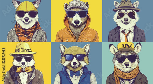 Cartoon animal hipsters portraits vector posters. Glasses lama scarves fox jackets canine pet dog raccoon ties caps hats clothes outfits accessories animals characters avatars illustrations