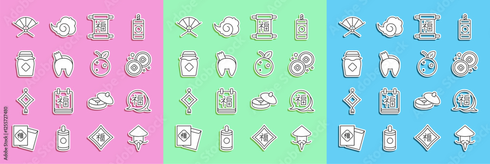 Set line Asian or Chinese conical straw hat, New Year, Yuan currency, fortune cookie, Jar of honey, Traditional paper fan and Peach fruit nectarine icon. Vector Set line Asian or Chinese conical straw hat, New Year, Yuan currency, fortune cookie, Jar of honey, Traditional paper fan and Peach fruit nectarine icon. Vector