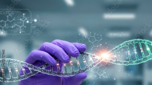 Close up doctor holds green silver DNA double helix structure or molecule. CRISPR gene editing, gene therapy. Treatment of blood cancer and hereditary disease. Genetics and healthcare innovation.