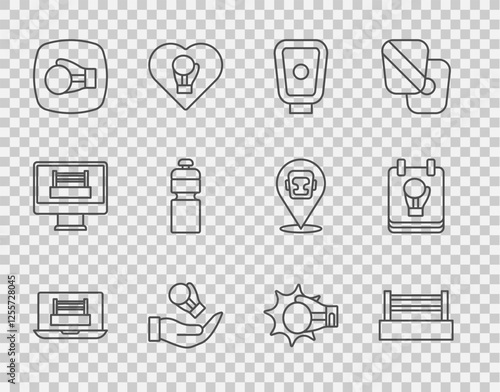 Set line Boxing ring, training paws, glove, Fitness shaker, Punch boxing and icon. Vector