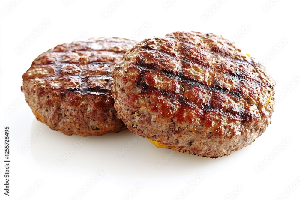 Two juicy hamburger patties on a white surface, perfect for a burger shot or food styling Two juicy hamburger patties on a white surface, perfect for a burger shot or food styling
