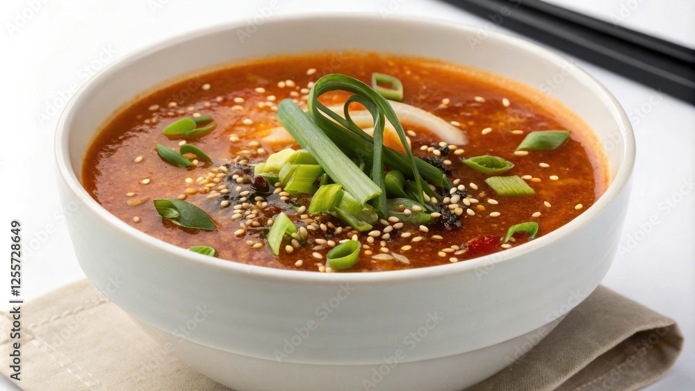 Steaming bowl of daylily soup garnished with scallions, sesame seeds, and a sprinkle of soy sauce, savory dish, soy sauce Steaming bowl of daylily soup garnished with scallions, sesame seeds, and a sprinkle of soy sauce, savory dish, soy sauce