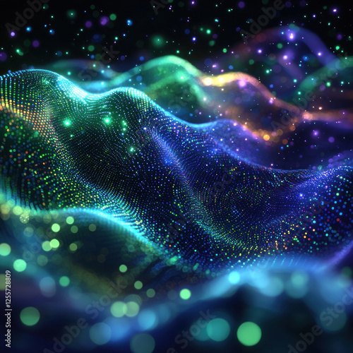 Colorful abstract digital wave particles flowing in dark space, ideal for tech backgrounds