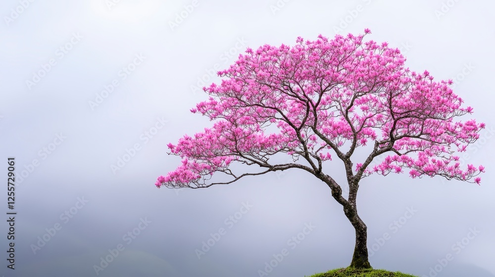 A solitary pink blossom tree in pixel art style, set against a hazy, light gray background. The tree's branches and blossoms are a vibrant pink A solitary pink blossom tree in pixel art style, set against a hazy, light gray background. The tree's branches and blossoms are a vibrant pink