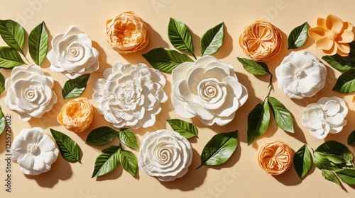 Intricate Paper Flowers in White and Orange Arranged on a Beige Background with Green Leaves