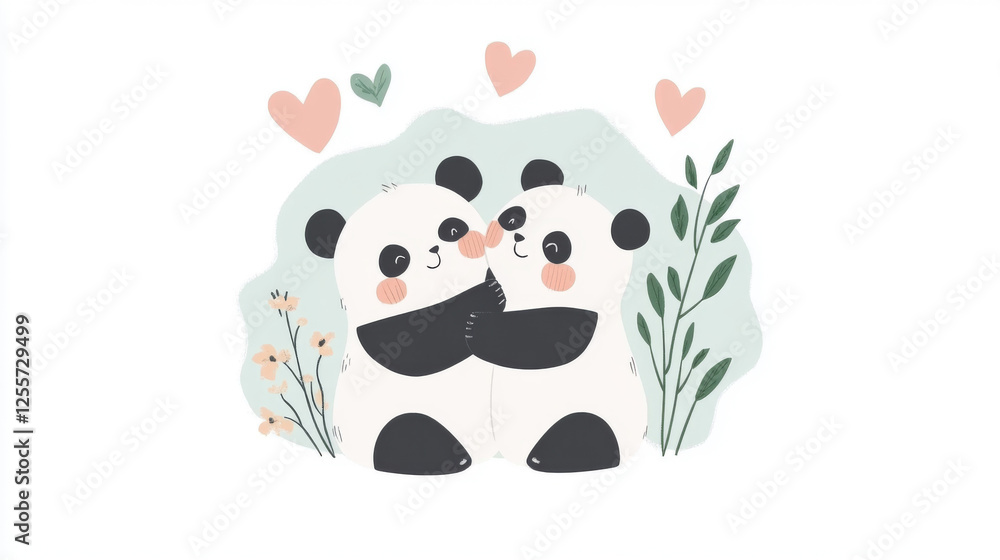 Cute pandas hugging surrounded by leaves and hearts, St Valentines Day postcard Cute pandas hugging surrounded by leaves and hearts, St Valentines Day postcard