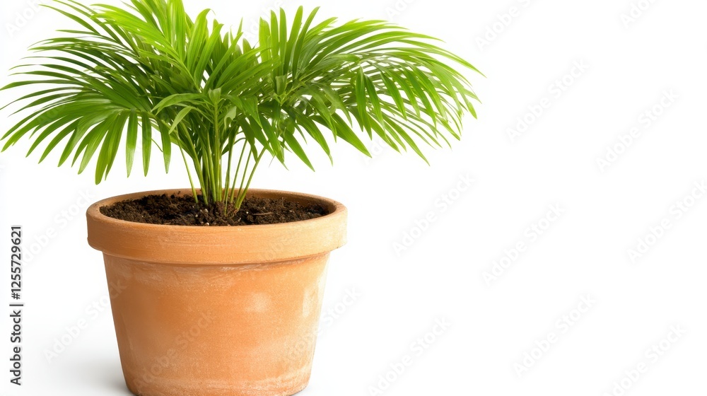 Obraz premium Potted palm plant in terracotta pot against white background, featuring vibrant green fronds and a simple terracotta colored pot, with soil visible