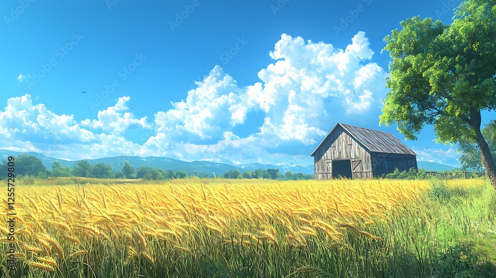 Rustic countryside farm with a weathered barn, golden wheat fields swaying under a vivid blue sky, nostalgic and tranquil atmosphere Rustic countryside farm with a weathered barn, golden wheat fields swaying under a vivid blue sky, nostalgic and tranquil atmosphere