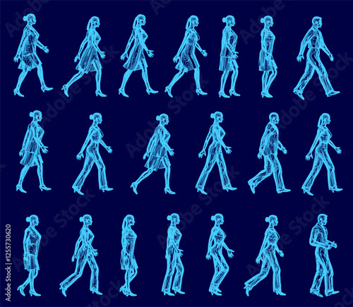 A series of blue and white images of people walking. The images are in a row and are all the same size