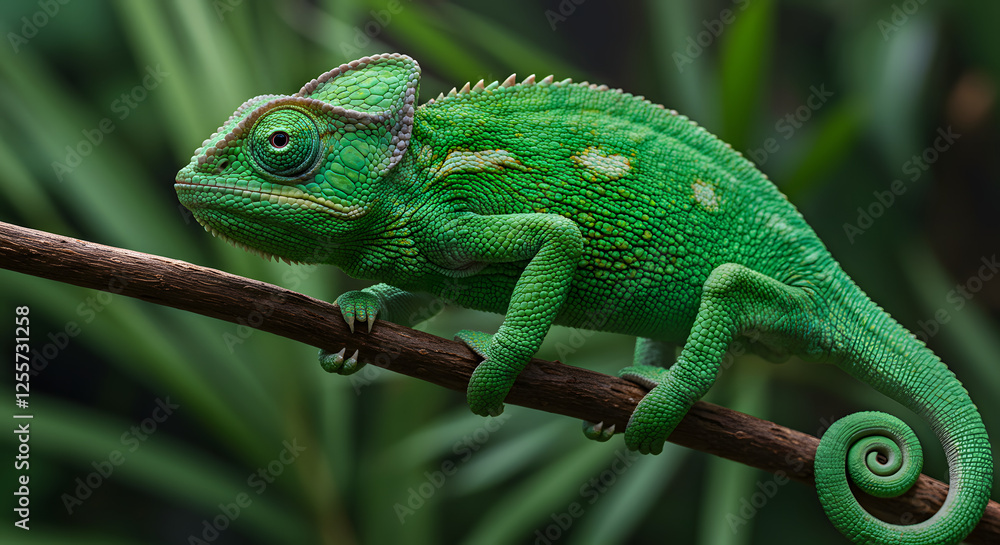 Fototapeta premium Green Chameleon on Branch in Tropical Environment