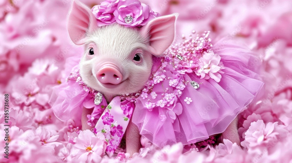 Playful Piglet Dressed in Pink Tutu Surrounded by Blossoming Pink Flowers in Spring Garden Playful Piglet Dressed in Pink Tutu Surrounded by Blossoming Pink Flowers in Spring Garden