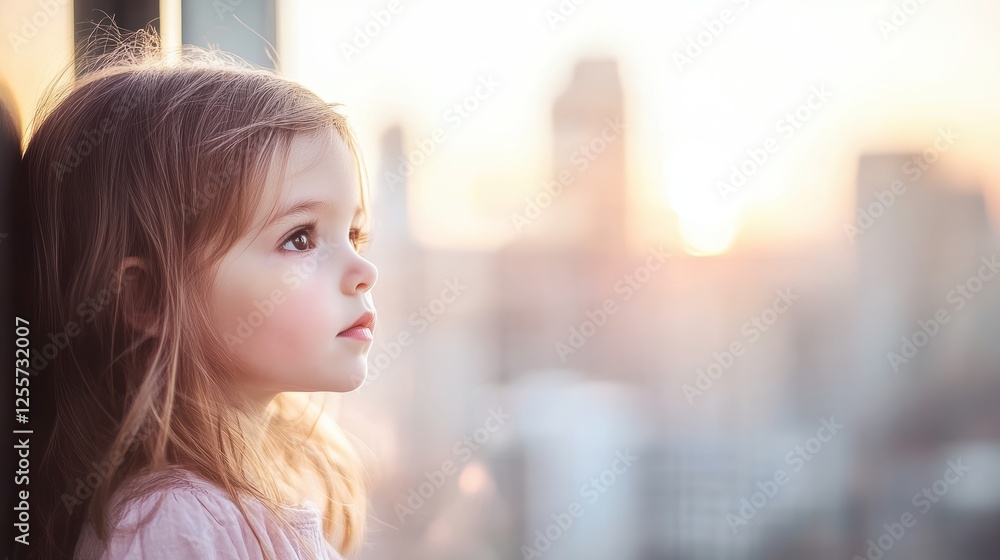 little girl face on the side, with softly blurred city skyline at dawn, creating a modern and professional look little girl face on the side, with softly blurred city skyline at dawn, creating a modern and professional look