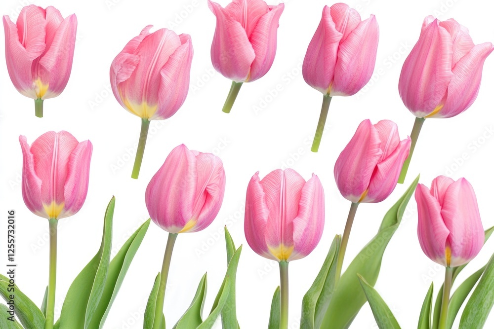 A bouquet of pink tulips with green leaves, ideal for floral arrangements or as a decorative element