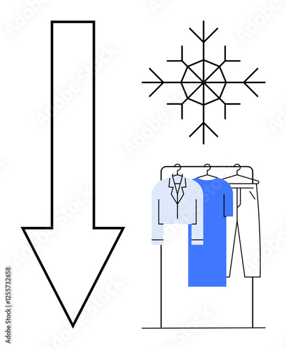 Large downward arrow, snowflake, and clothing rack with winter clothes. Ideal for seasonal change, winter fashion, closet organization, retail, cold weather sales minimalism. Line metaphor