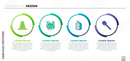 Set Stack hot stones, Bar of soap, Washcloth and Sauna ladle. Business infographic template. Vector