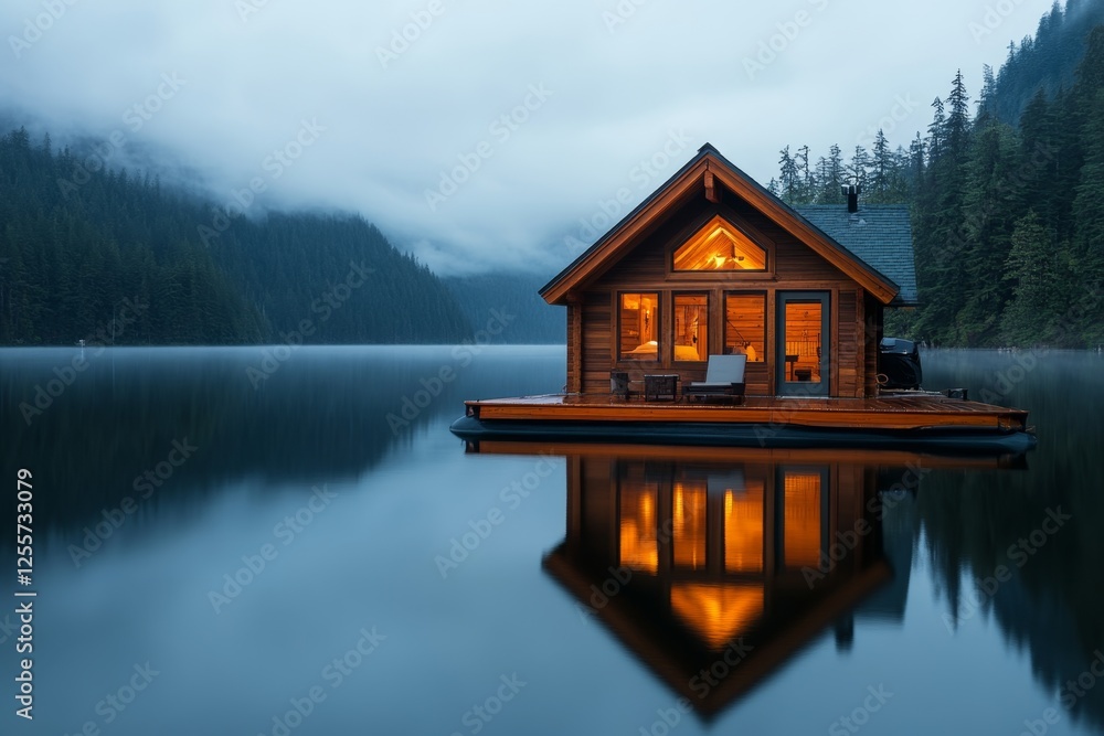 A floating house accommodation on a calm lake, surrounded by nature