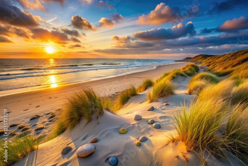 Sunset on a peaceful coastline with gentle sand dunes and a few scattered beach rocks, oceanfront, warm light, peaceful scene, calming atmosphere, seaside views