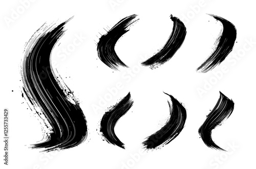 Curved paint marks black vector collection. Creative coarse smudges roughened streaks textured, brushwork raw blemishes splashes, isolated illustrations on white backdrop