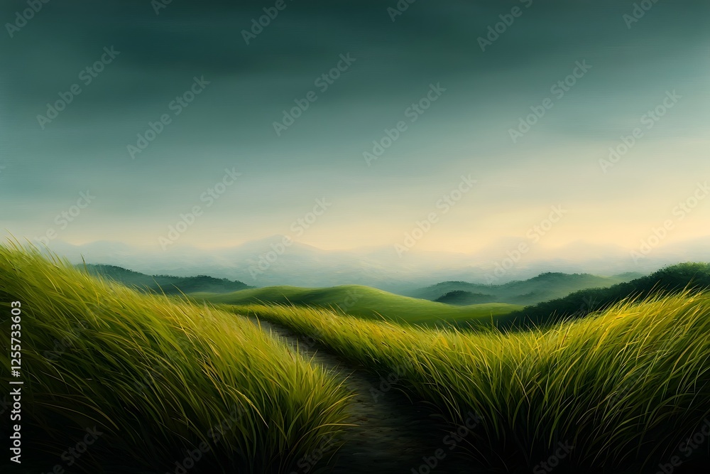 Obraz premium Impressionist oil painting depicting a picturesque rural countryside landscape with a vibrant grassy foreground leading into a distant hazy horizon