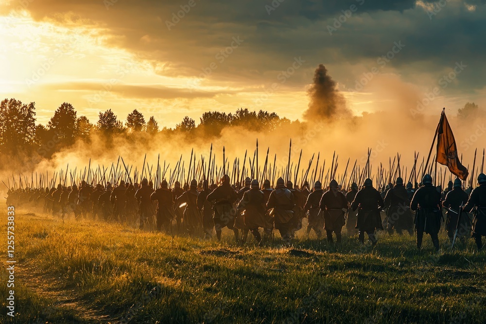 Pike formation advancing across open battlefield during medieval warfare. Pike formation advancing across open battlefield during medieval warfare.