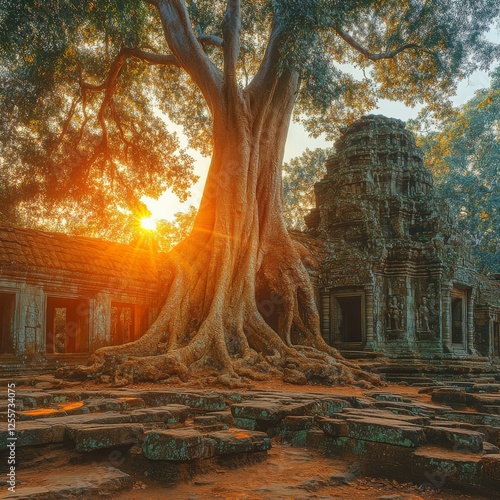 Ancient Temple Ruins Embraced by a Majestic Tree at Sunrise, a Breathtaking Scene of Nature's Enduring Power and Architectural Grandeur in Angkor Wat photo