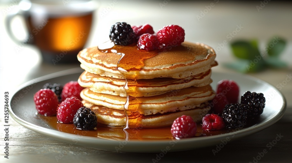 Stacked pancakes topped with fresh berries and syrup on a plate next to a cup of coffee Stacked pancakes topped with fresh berries and syrup on a plate next to a cup of coffee