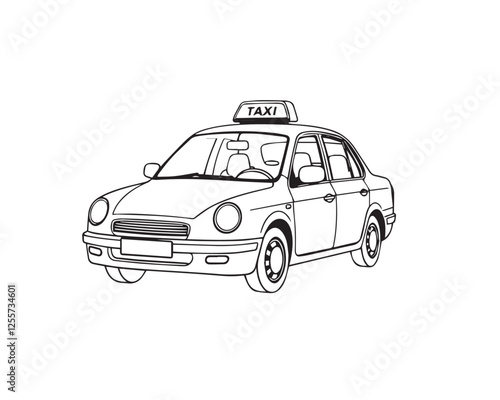 5.	Line art illustration of a taxi, strong hard light, layered papier-mâché texture, black and white, sculpted look, harsh shadows, clear background, easy to color, Vector.