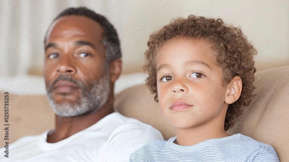 Grandparent and grandchild sitting on a couch, looking at the camera. Possible use in family or relationship themes Grandparent and grandchild sitting on a couch, looking at the camera. Possible use in family or relationship themes