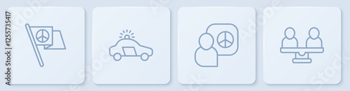 Set line Peace, talks, Police car and flasher and Gender equality. White square button. Vector
